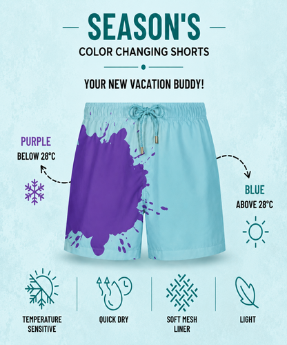 A pair of light blue and purple color-changing shorts with a drawstring waist, shown on a light blue textured background with promotional text and feature icons. The text explains that the shorts change color based on body temperature, below 28°C turning purple and above 28°C turning blue.